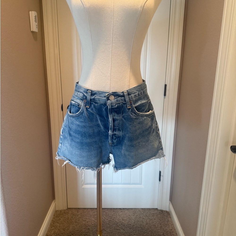 Agolde Distressed Mid-Blue Denim Jean Shorts